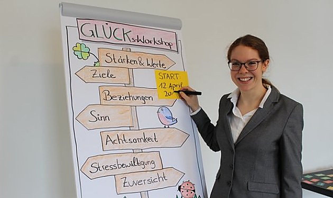 Dr. Melanie Zandler beim Glücks-Workshop am Flipchart